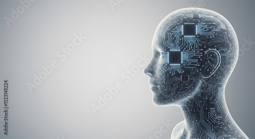 A translucent, semi-humanoid AI profile silhouette facing left, positioned on the far right of the image. The inner head structure is formed by layered circuits and glowing lines, with no writing. 