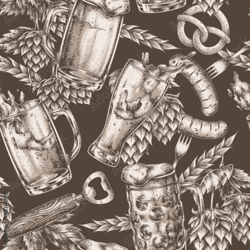 Beer snacks design pretzels sausages