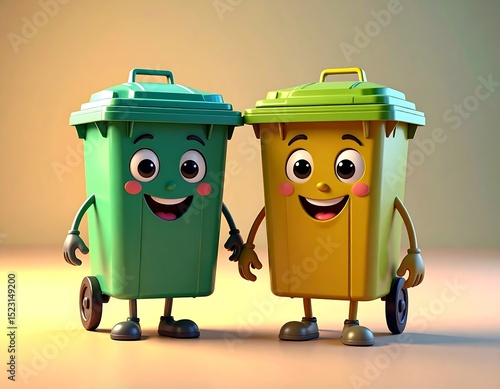 Two cartoon trash cans holding hands