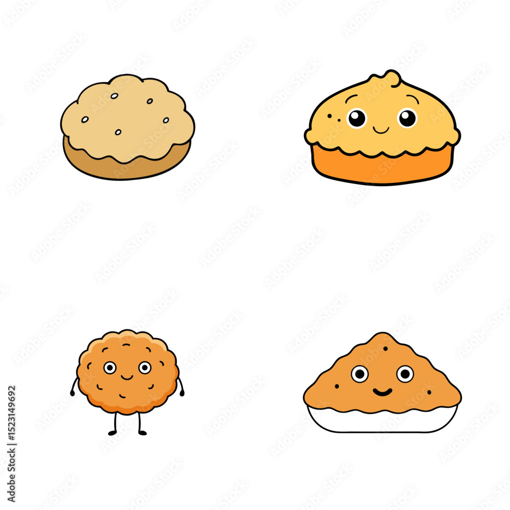 Four cartoon pies with faces and different shapes on a white background in a square layout view Four cartoon pies with faces and different shapes on a white background in a square layout view