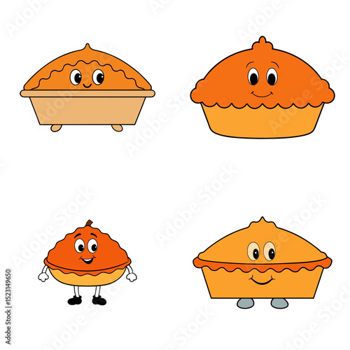 Illustration of four cartoon pies with faces and various appendages on a white background scene here