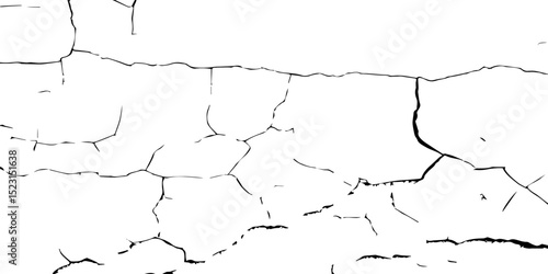 Create a high-contrast black and white image of a network of fine cracks on a white surface. The cracks should appear as thin, irregular black lines branching and intersecting across the frame, 