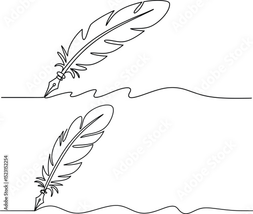 Quill Pen Line Art, Feather Writing Ink Drawing Minimalist Illustration.
