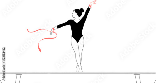 Artistic gymnastics rhythmic gymnast ribbon balance beam sport performance athlete skill training competition editable stock vector illustration