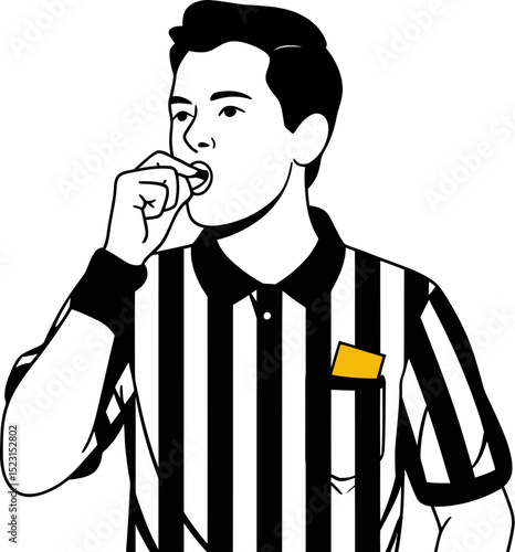 Illustration of referee blowing whistle wearing striped shirt and yellow card in pocket sport official 100 editable stock vector illustration