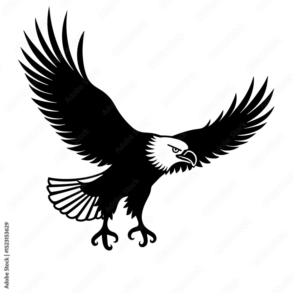 Fototapeta premium Black and white cartoon eagle with wings spread flying mid-air for kids’ nature stories and patriotic animal themes - wild bird - freedom symbol