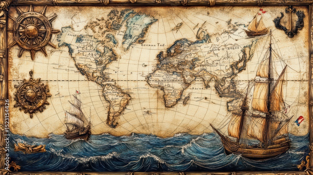 Naklejka premium A decorative antique nautical map with ornate cartouches, sea monsters in the ocean areas, and drifting ships