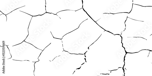 Generate a high-contrast, detailed image of a finely cracked white surface. The cracks should appear as thin, dark lines forming an intricate network across the white background, 