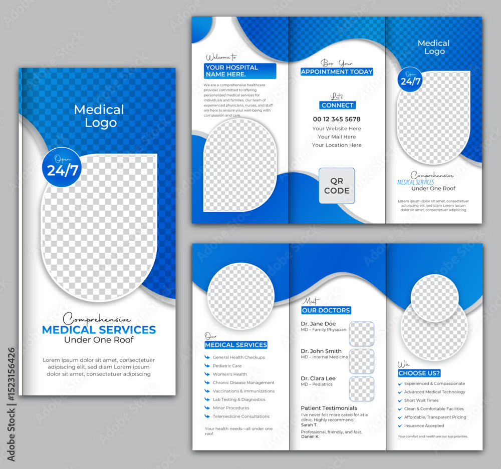 Modern medical brochure design. Hospital brochure design. Trifold brochure design. 