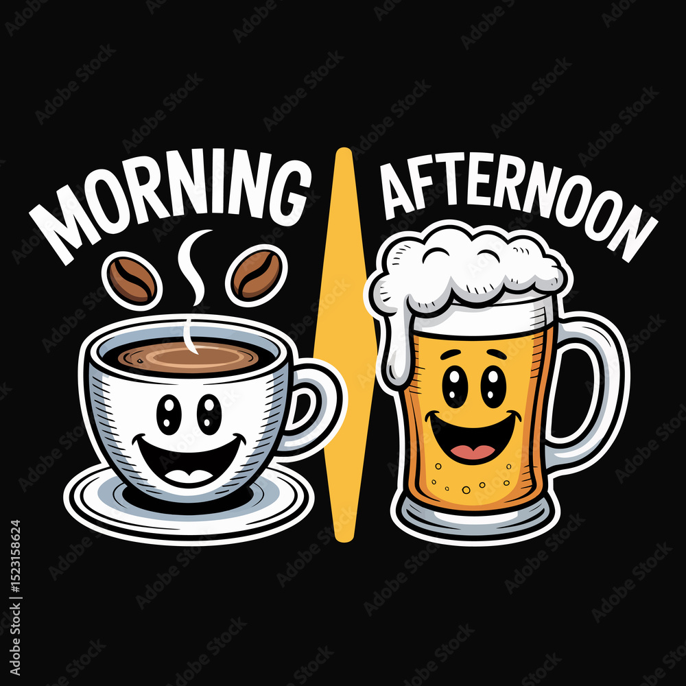 A offee cup and a beer mug are illustrated with smiling faces, separated by a vertical line with the words Morning above the coffee and Afternoon above the beer. A offee cup and a beer mug are illustrated with smiling faces, separated by a vertical line with the words Morning above the coffee and Afternoon above the beer.