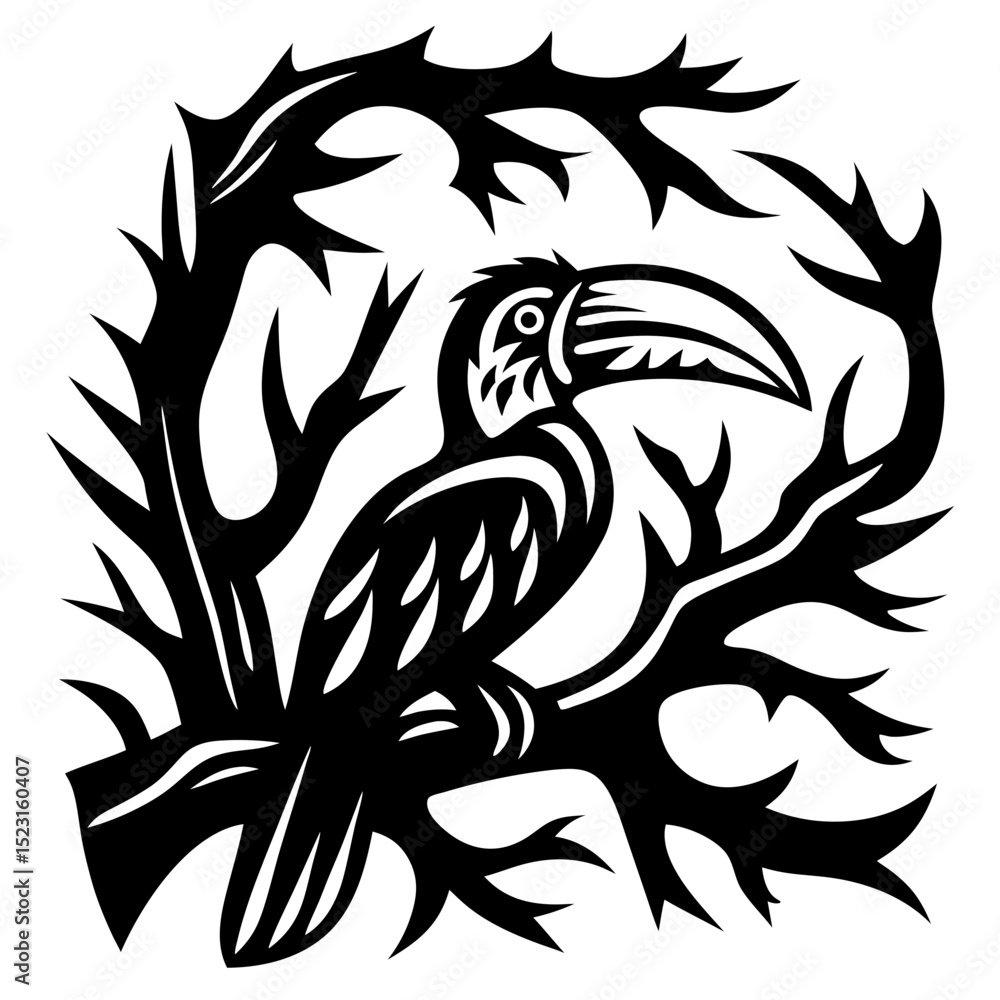 Obraz premium Hornbill Bird on Branch Illustration