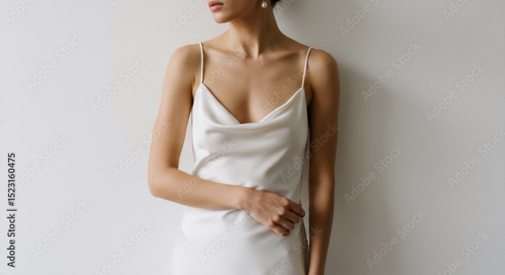 Fototapeta premium Woman wearing elegant white silk slip dress with thin straps and pearl earrings. Minimalist bridal fashion concept for wedding celebration.
