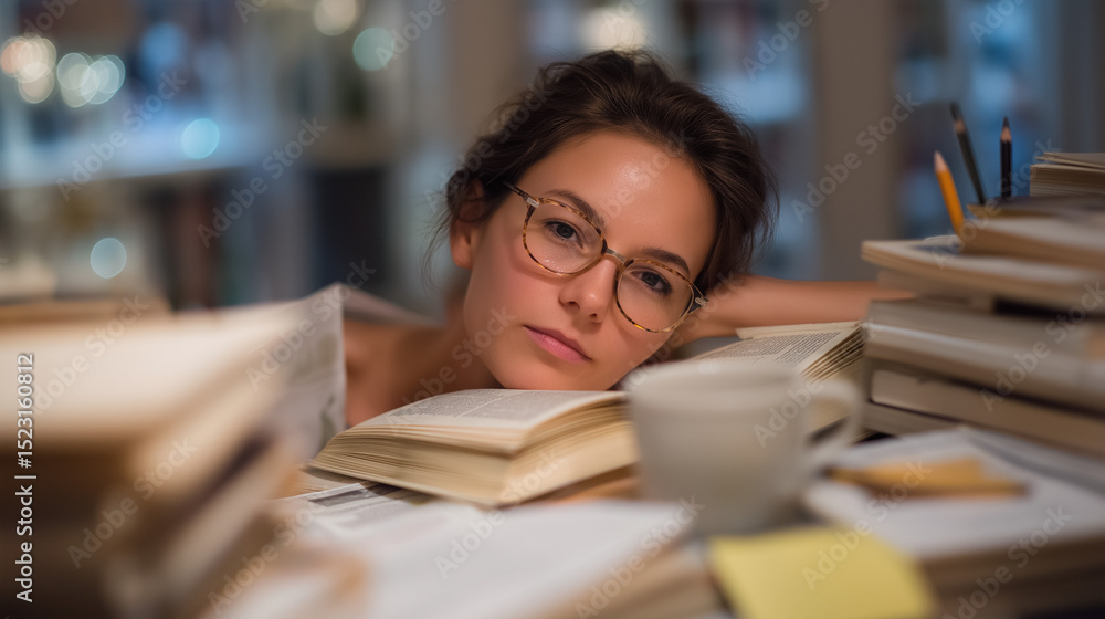 Person with glasses surrounded by open books at a library table Person with glasses surrounded by open books at a library table