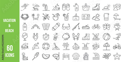 Collection of 60 thin line icons representing vacation, beach, and summer activities including travel, relaxation, and sports. 
