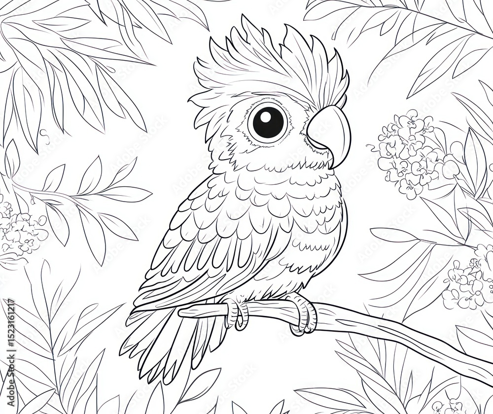 Obraz premium Cute parrot sketch in black and white. Floral background