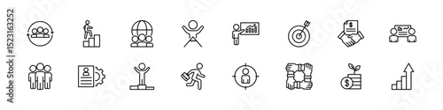 Business icons. Isolated business line icon set. Office manager process sign. Businessman leader work sign set.
