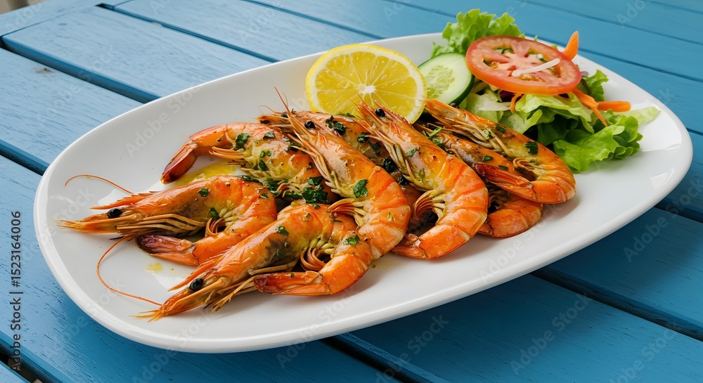 Grilled Shrimp with Lemon and Salad on Blue Table Seafood Dish Grilled Shrimp with Lemon and Salad on Blue Table Seafood Dish