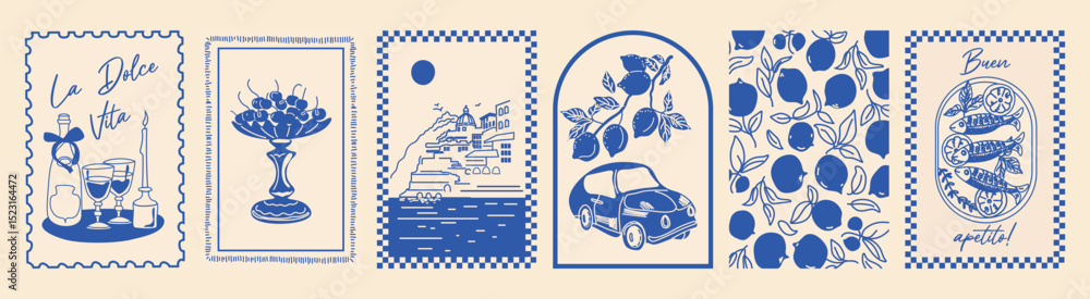Italy summer print. Hand drawn postcard set. Amalfi, lemon, wine, frame. Blue coast vibe. Vintage travel style. Simple dolce vita look.