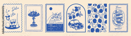 Italy summer print. Hand drawn postcard set. Amalfi, lemon, wine, frame. Blue coast vibe. Vintage travel style. Simple dolce vita look.