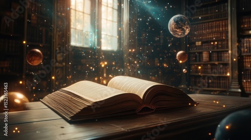 Open Book Surrounded by Magical Orbs in a Mystical Library