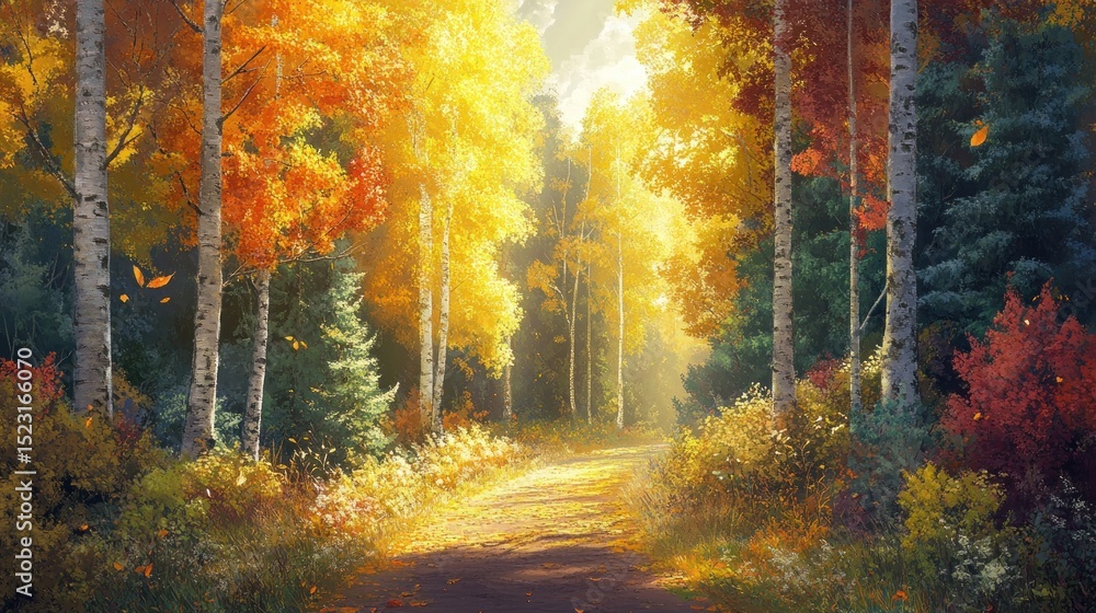 Fototapeta premium Autumn forest path bathed in sunlight (2)