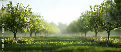 Row Of Blooming Fruit Trees In A Lush Meadow