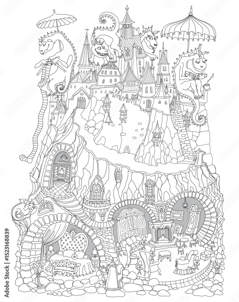 Fototapeta premium Fairy tale Dragons family, old medieval castle and underground cave apartment. Vector coloring book page