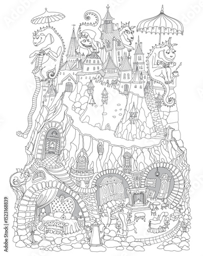 Fairy tale Dragons family, old medieval castle and underground cave apartment. Vector coloring book page