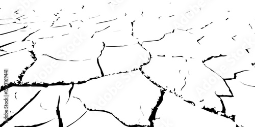 "Create an abstract pattern resembling a dry, barren landscape, with prominent black cracks against a bright white background, viewed from a slightly elevated perspective."