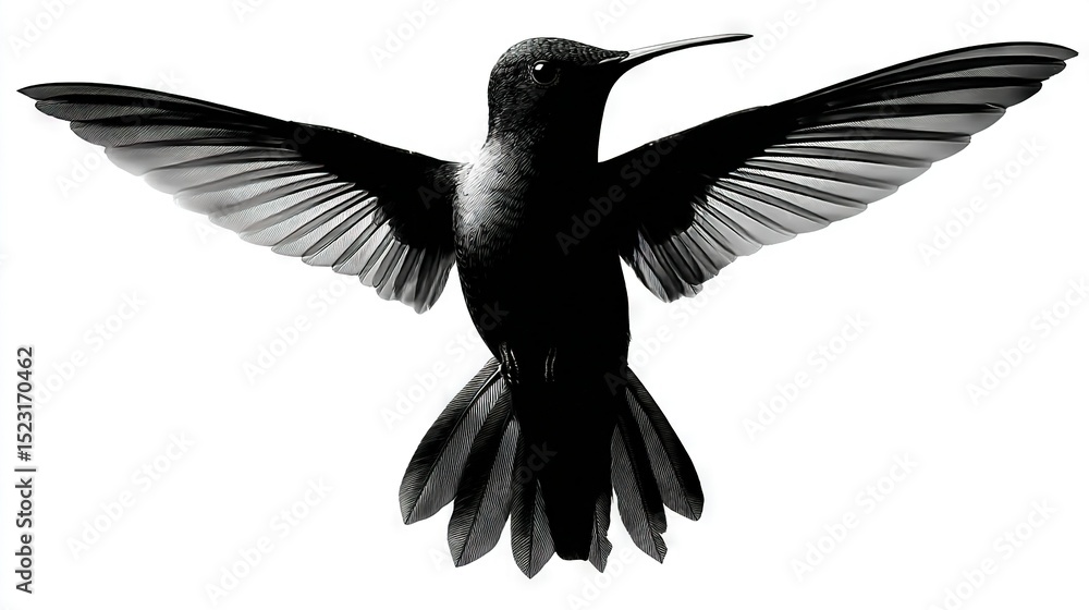 Obraz premium A black-and-white image of a hummingbird spread wings in flight