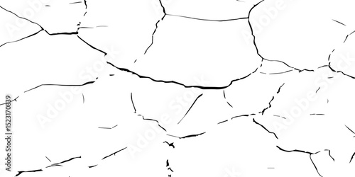 Create a high-contrast black and white image of a network of fine cracks on a white surface. The cracks should appear as thin, irregular black lines branching and intersecting across the frame, 