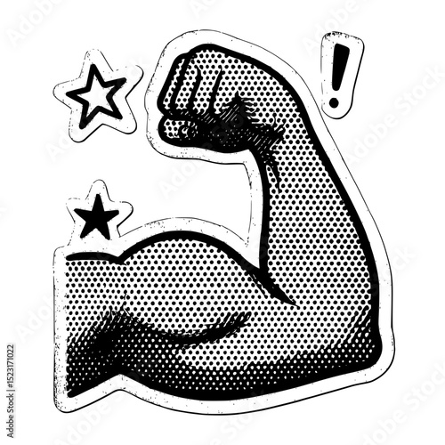 Grunge punk-style flexed biceps emoji hand in halftone black and white. Retro cut-out collage with doodles and dotted texture. Modern vector design.