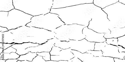 Create a high-contrast black and white image of a network of fine cracks on a white surface. The cracks should appear as thin, irregular black lines branching and intersecting across the frame, 