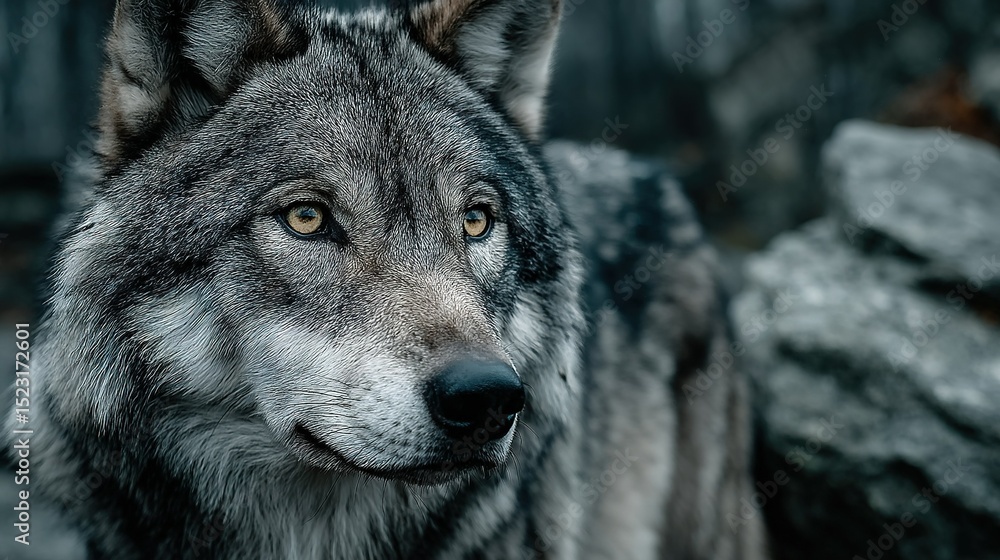 Fototapeta premium A close-up photo of a wolf's face with a hazy image of the wolf's face in the backdrop