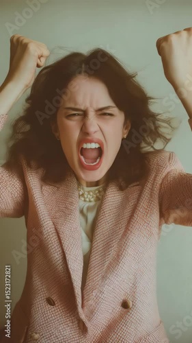 Furious woman with clenched fists yelling and expressing extreme anger in a pale pink blazer and pearl necklace against a plain background