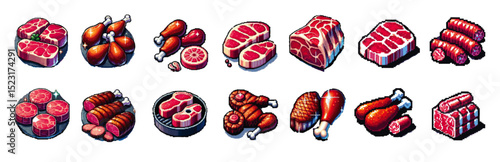 Pixel-style food set featuring meat goats, meat cuts, and colorful traditional dishes Eid vibes in 8-bit.