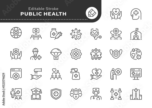 Public health line icon set. Healthcare, social medicine, community health, health protection, disease prevention, vaccination, and moe . Outline icon in linear style. Vector collection.	
