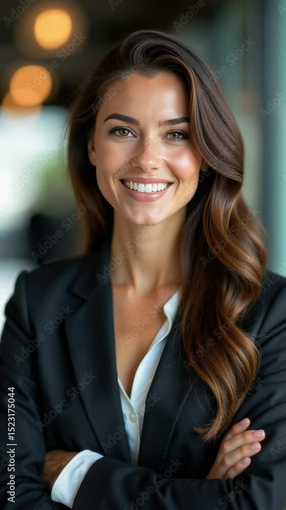 A woman in a professional attire smiles confidently with her arms crossed, suitable for use in corporate or office settings A woman in a professional attire smiles confidently with her arms crossed, suitable for use in corporate or office settings