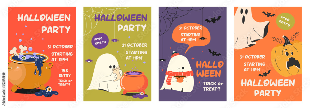 Fototapeta premium Templates for covers and advertising posters for Halloween parties. Vertical flyers with traditional Halloween symbols: creepy ghost, bats, scary pumpkin, sweets, cauldron, witch potion. Flat vector
