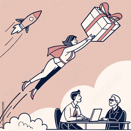 Superwoman flying with gift business success illustration