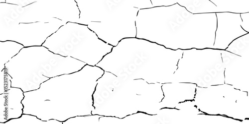 Generate a high-contrast, detailed image of a finely cracked white surface. The cracks should appear as thin, dark lines forming an intricate network across the white background, 