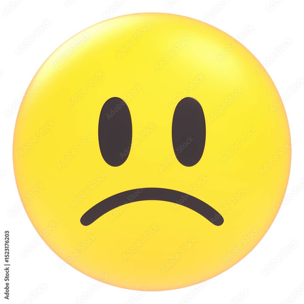 Fototapeta premium Sad smiley Emoji face 3d icon in cartoon plastic style minimal isolated on transparent white background, clipping path 