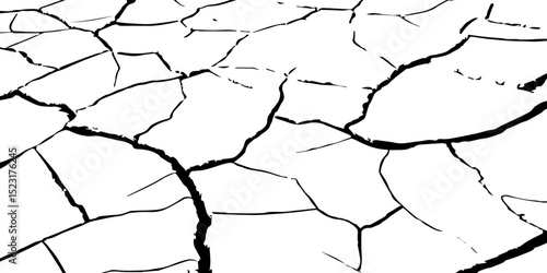 Generate a high-contrast image of a cracked white surface. The cracks should be dark and irregular, forming a network across the white background, resembling dried earth, cracked paint, 