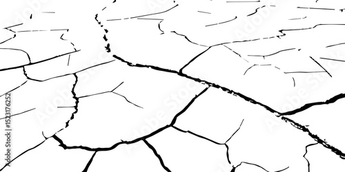 Generate a high-contrast image of a cracked white surface. The cracks should be dark and irregular, forming a network across the white background, resembling dried earth, cracked paint, 