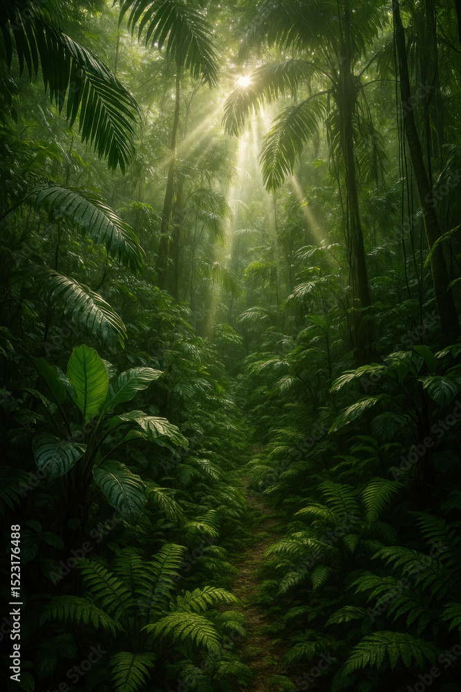 A path cutting through dense jungle foliage. A path cutting through dense jungle foliage.