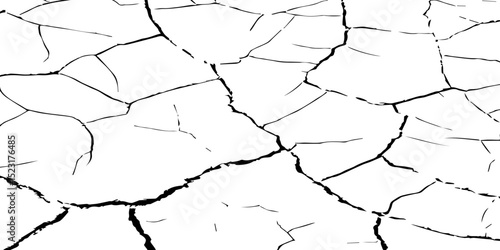 Generate a high-contrast image of a cracked white surface. The cracks should be dark and irregular, forming a network across the white background, resembling dried earth, cracked paint, 