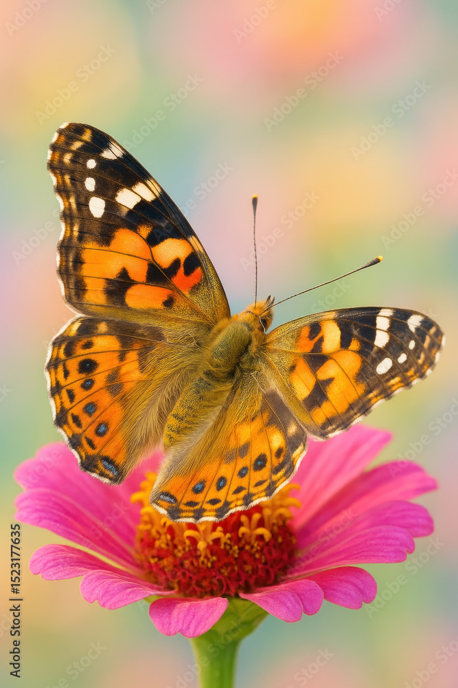 Obraz premium Butterfly perched on pink flower.