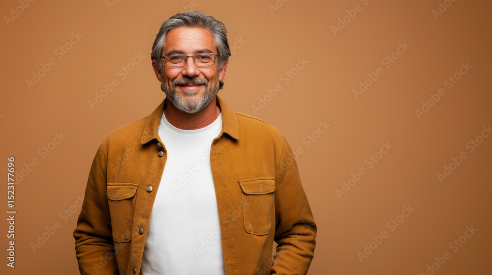Fototapeta premium Portrait of handsome middle-age Caucasian man wearing mustard color jacket and glasses, studio shot against beige background