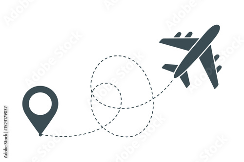 Airplane Flight Path Icon with Destination Pin and Dotted Line Representing Travel Tourism and Navigation on a Clean White Background dark gray airplane