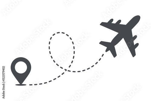Airplane Flight Path Illustration A Dark Gray Airplane Takes Off From a Location Pin Following a Dotted Line on a Clean White Background